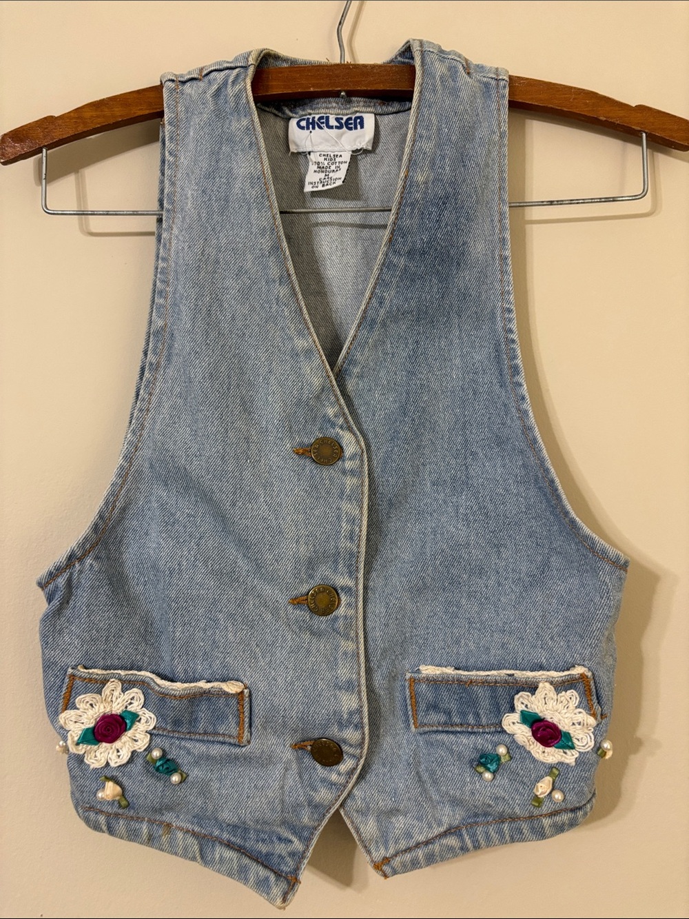 Vintage Kid’s Denim Vest w/ crocheted flowers, pearls, & roses